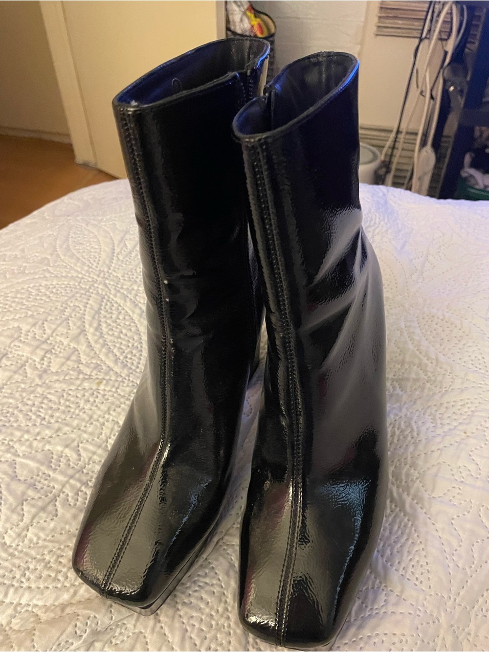 Liliana Black Patent Square-Toe Ankle Boots